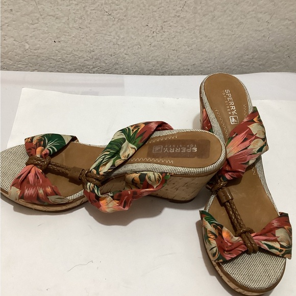 Sperry Top Sider Sandal Size 8.5M Tropical Print  Cork Wedge Slip On - Picture 6 of 9